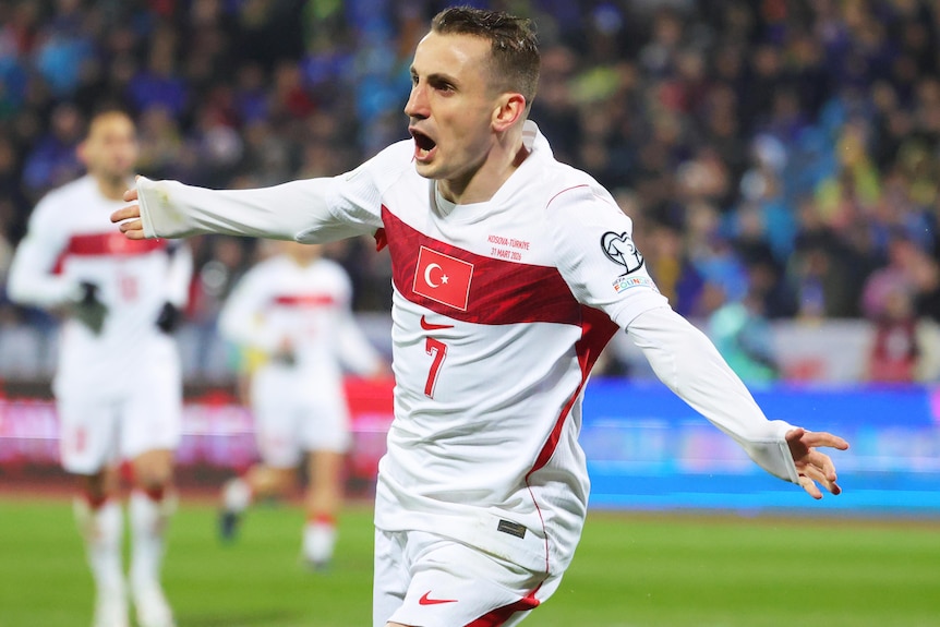 Kerem Aktuerkoglu celebrates a goal for Turkiye against Kosovo in a World Cup qualifier.