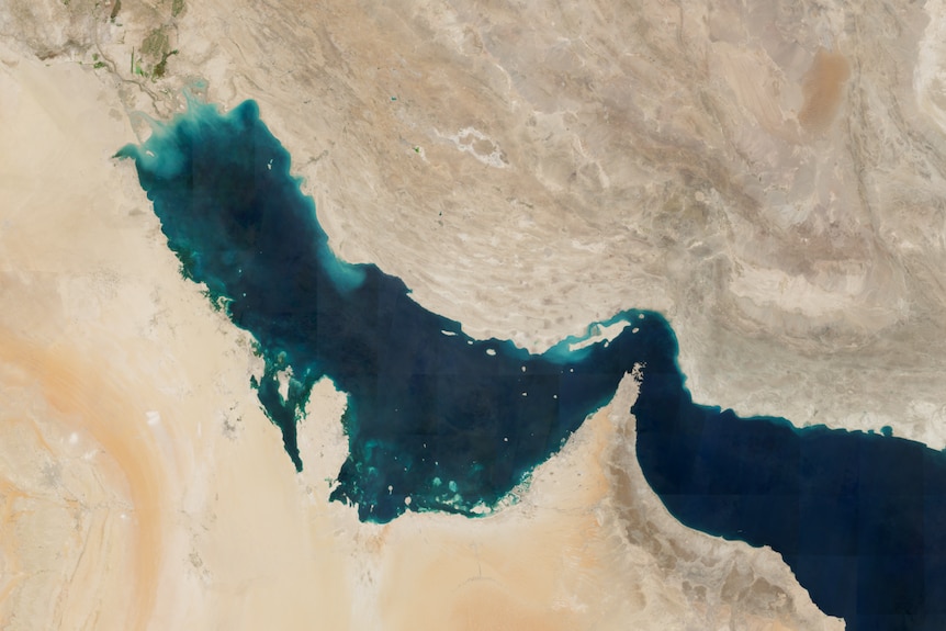 A satellite view of the Strait of Hormuz.