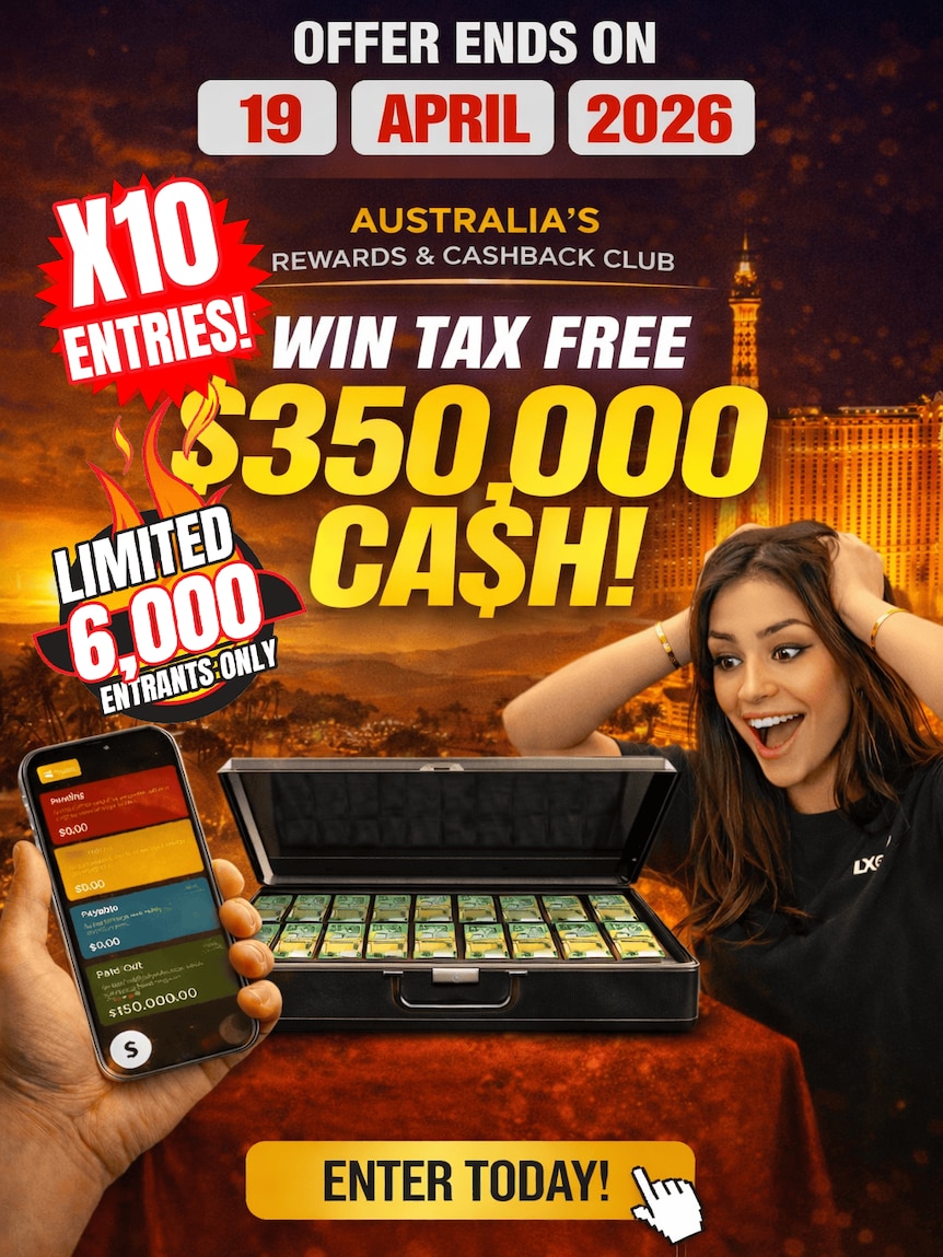 An ad showing a woman staring in joy at a briefcase full of cash, in front of a background of Las Vegas.
