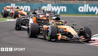 Oscar Piastri leads a trail of cars on track during the Japanese Grand Prix
