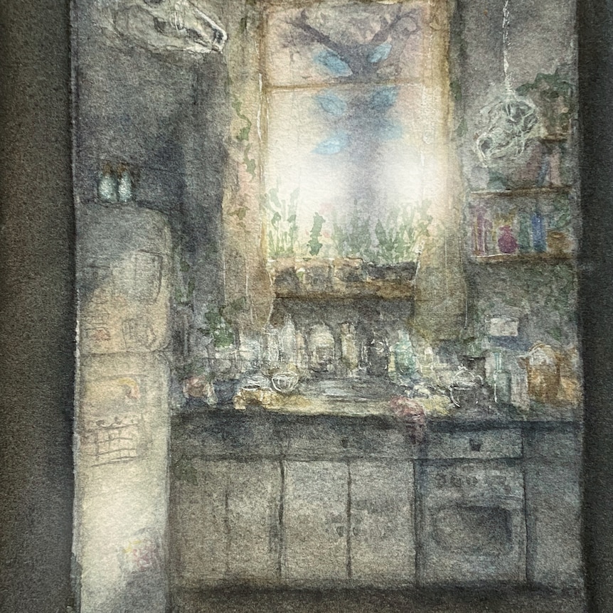 An abstract painting of a spooky kitchen. 