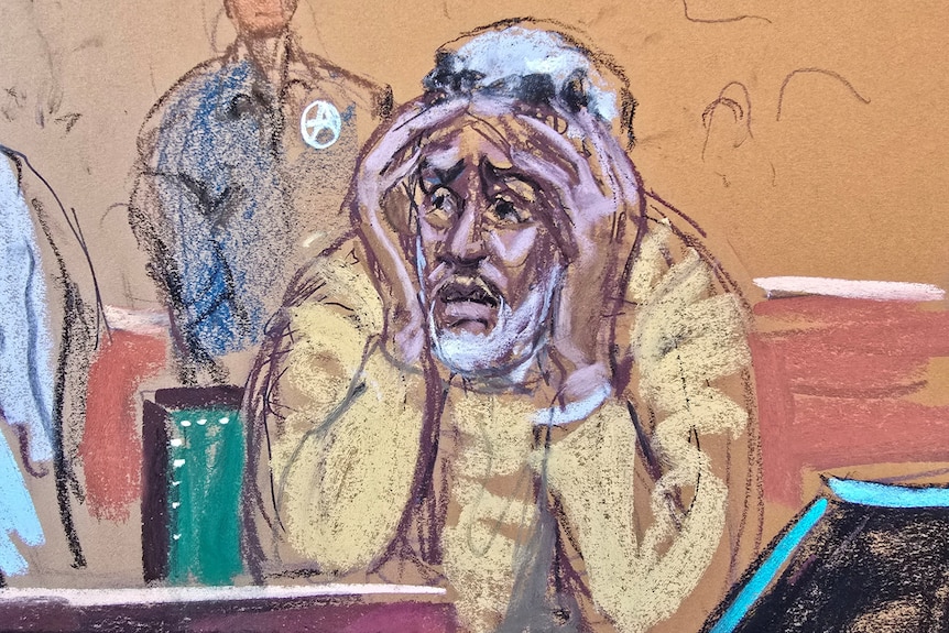 A sketch shows Sean Combs holding his head in his hands.