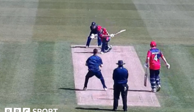 A screengrab of the Jersey vs Marylebone Cricket Club match. Charlie Brennan strikes the ball for Jersey.