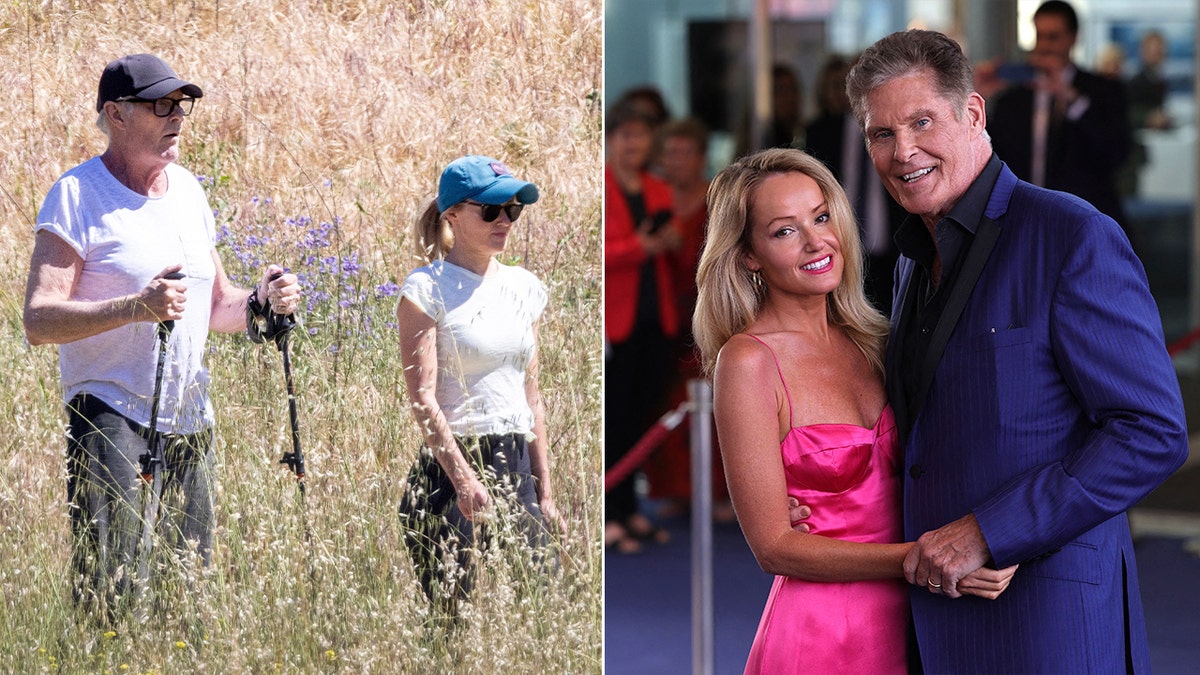 A split of David Hasselhoff and Hayley Roberts hiking and on a red carpet