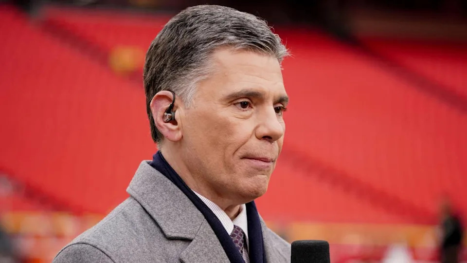 Jan 21, 2023; Kansas City, Missouri, USA; NBC Sports sideline announcer Mike Florio on field prior to an AFC divisional round game between the <a class="link " href="https://sports.yahoo.com/nfl/teams/kansas-city/" data-i13n="sec:content-canvas;subsec:anchor_text;elm:context_link" data-ylk="slk:Kansas City Chiefs;sec:content-canvas;subsec:anchor_text;elm:context_link;itc:0" data-yga="{"yLinkElement":"context_link","yModuleName":"content-canvas","yLinkText":"Kansas City Chiefs","ySubModuleName":"anchor_text","yHasCommerce":false}">Kansas City Chiefs</a> and <a class="link " href="https://sports.yahoo.com/nfl/teams/jacksonville/" data-i13n="sec:content-canvas;subsec:anchor_text;elm:context_link" data-ylk="slk:Jacksonville Jaguars;sec:content-canvas;subsec:anchor_text;elm:context_link;itc:0" data-yga="{"yLinkElement":"context_link","yModuleName":"content-canvas","yLinkText":"Jacksonville Jaguars","ySubModuleName":"anchor_text","yHasCommerce":false}">Jacksonville Jaguars</a> at GEHA Field at Arrowhead Stadium. Mandatory Credit: Denny Medley-Imagn Images© Denny Medley-Imagn Images