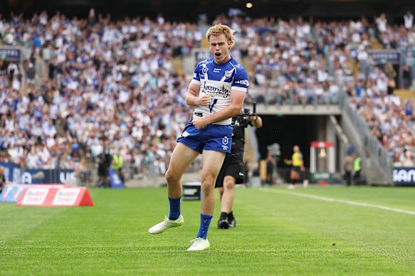 Lachlan Galvin celebrates scoring against the Rabbitohs.