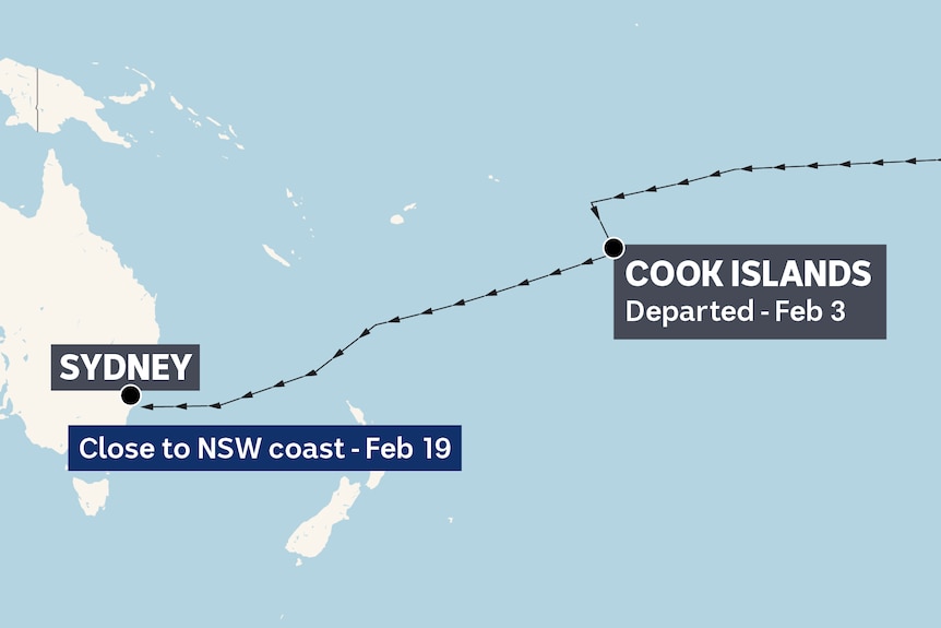 Map graphic showing the mv raiders movements departing cook islands feb 3 and 