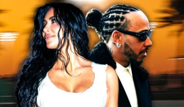 Kim Kardashian looking off to the distance with Hamilton edited next to her looking off to the right in black sunglasses, both wearing glamorous outfits. Background of palm tree silhouettes with sunset behind.