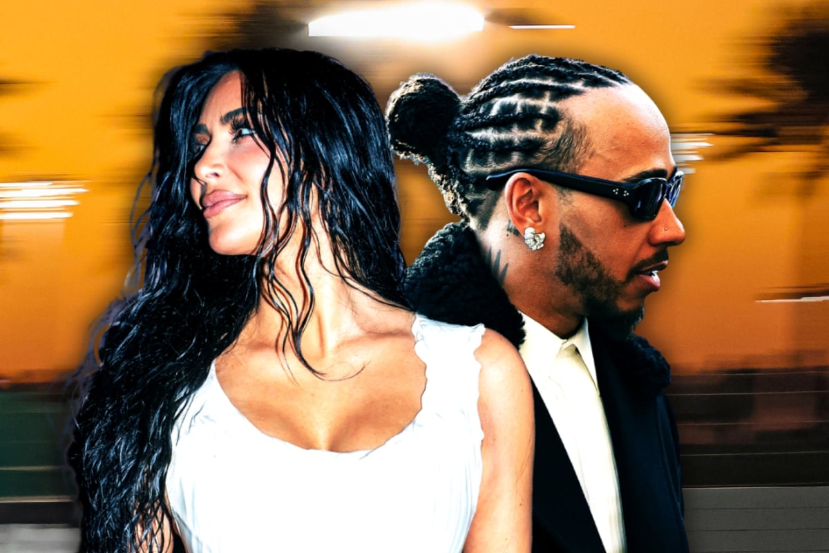Kim Kardashian looking off to the distance with Hamilton edited next to her looking off to the right in black sunglasses, both wearing glamorous outfits. Background of palm tree silhouettes with sunset behind.