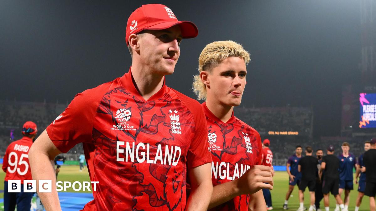 Harry Brook and Jacob Bethell leave the field after the T20 World Cup match between England and Bangladesh