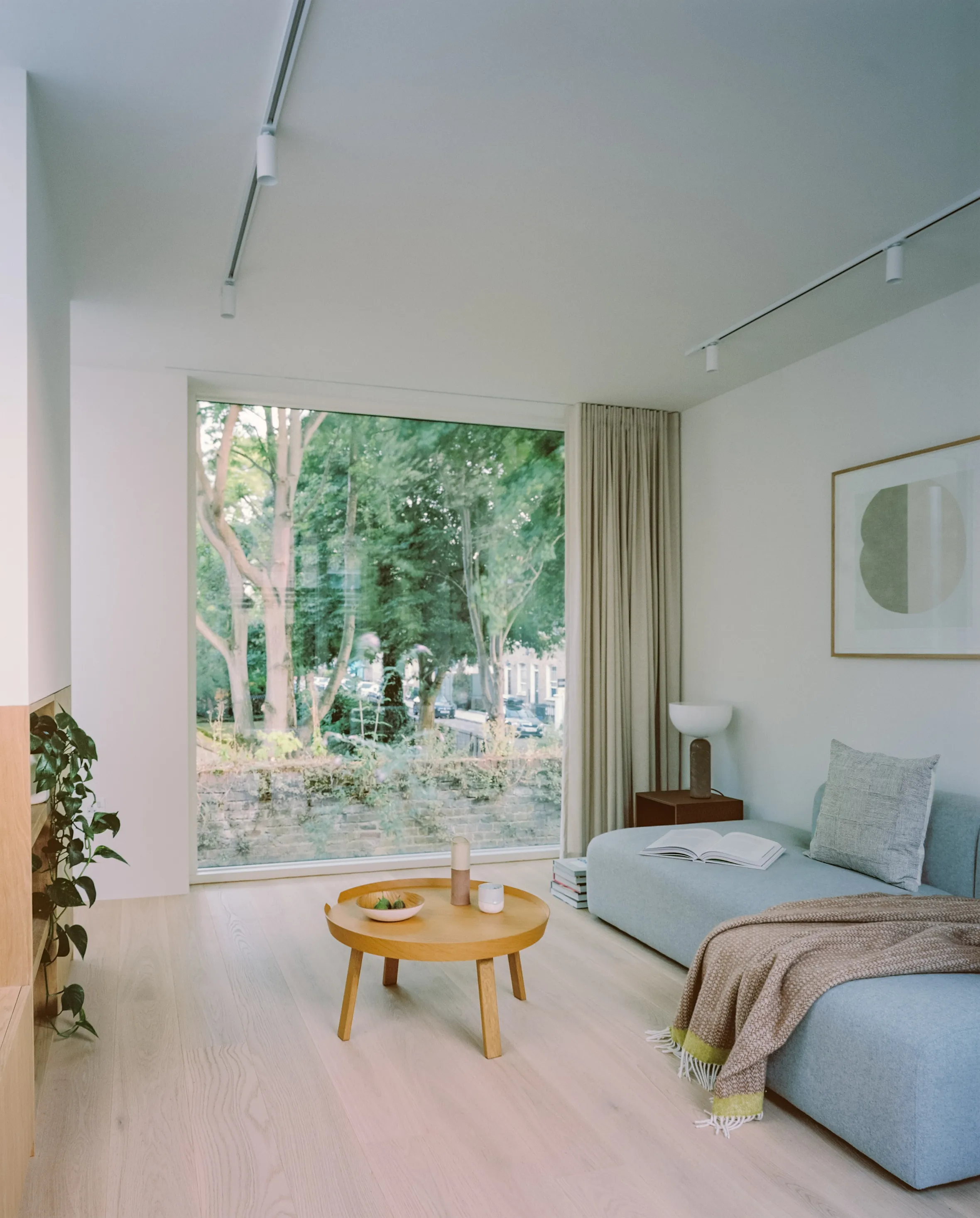 A modern living room with a large window overlooking trees, featuring a light blue sofa with a brown throw, a wooden coffee table, and light wood flooring.