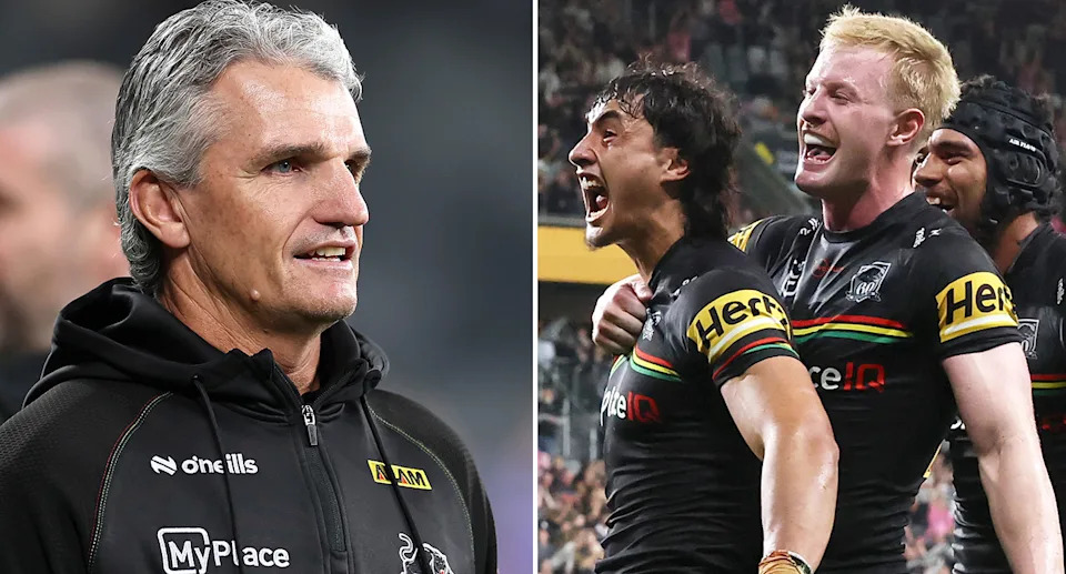 Pictured left is Penrith Panthers coach Ivan Cleary and Tom Jenkins on right.