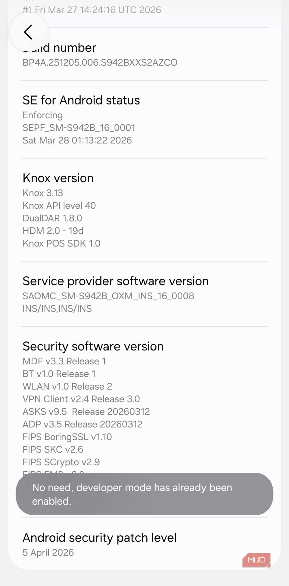 Developer options menu unlocked message on Android