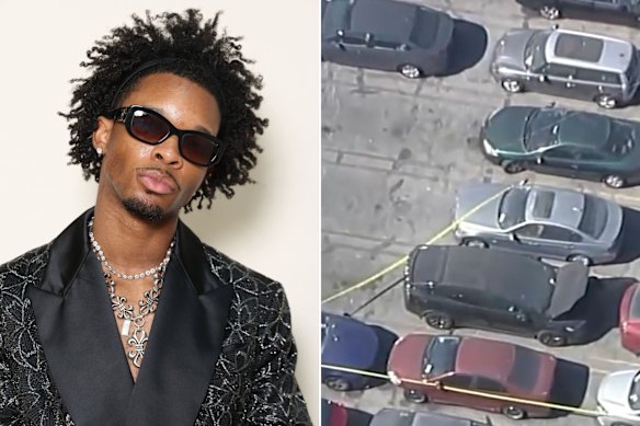 US singer D4vd and tape around his impounded black Tesla (right).