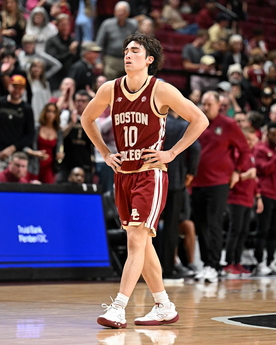Feb 17, 2026; Tallahassee, Florida, USA; Boston College Eagles guard Luka Toews (10) at the end of the game against the Florida State Seminoles at Donald L. Tucker Center. Mandatory Credit: Melina Myers-Imagn Images