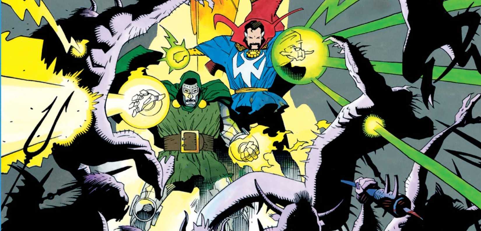 The cover of the comic book Doctor Strange & Doctor Doom: Triumph & Torment, Strange and Doom fight against demons in Hell