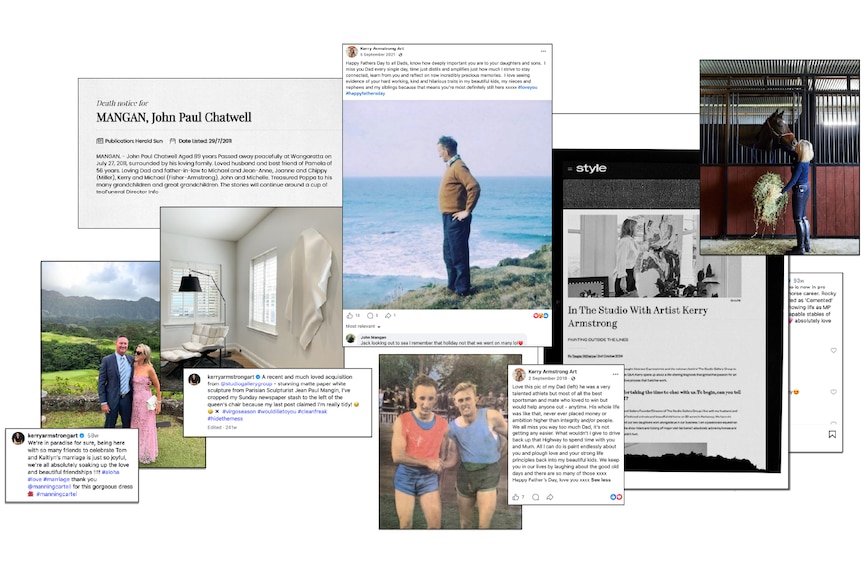 A collage of several social media posts showing gallerist Kerry Armstrong's family, with captions,