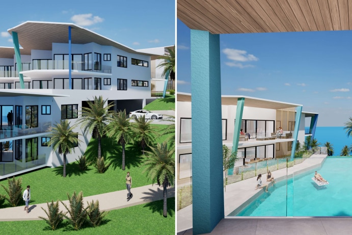 Design concepts showing buildings and a pool at a waterfront location.