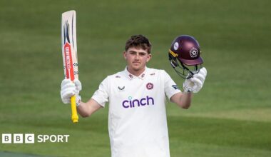 Northants' James Sales celebrates reaching his century against Middlesex
