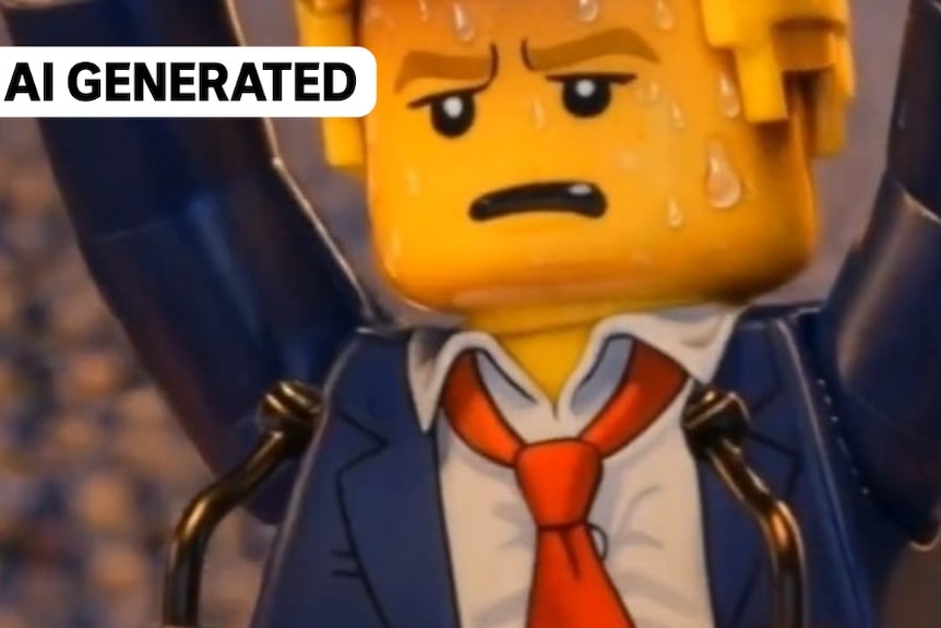A close up of a Lego figure that looks like Trump sweating and holding up a sign.