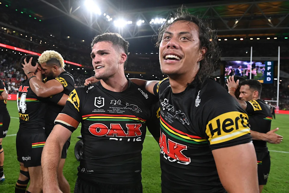 Nathan Cleary and Jarome Luai celebrate.