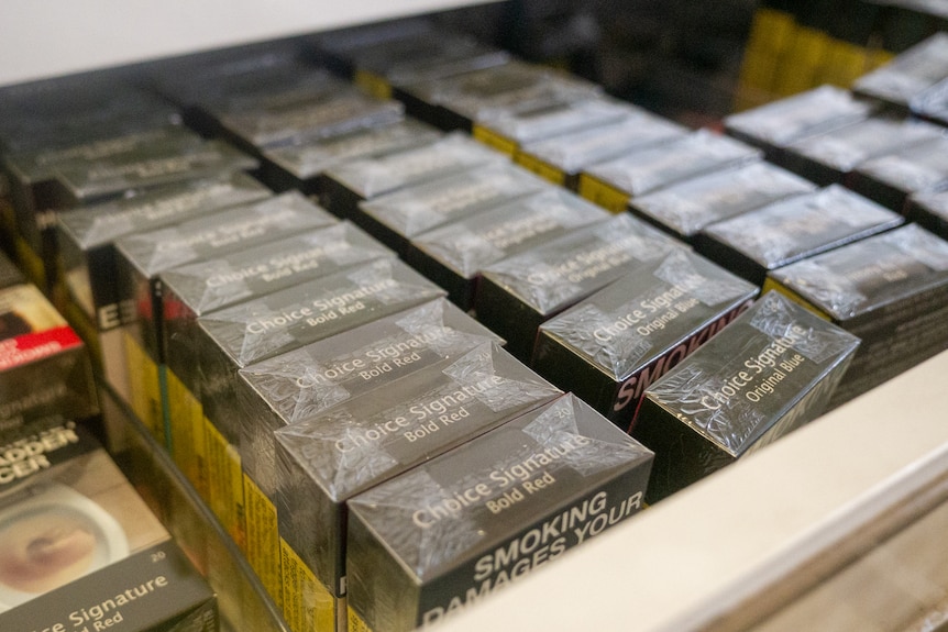 Black and yellow packets of cigarettes in a white drawer full of packs.