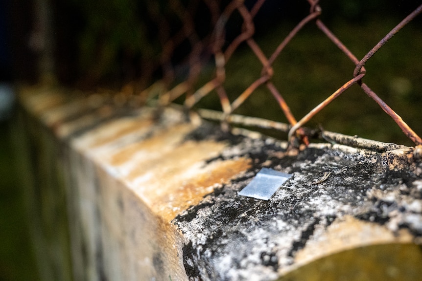 A small plastic bag that contains remnants of drugs on a concrete wall at the base of chain-link fence.
