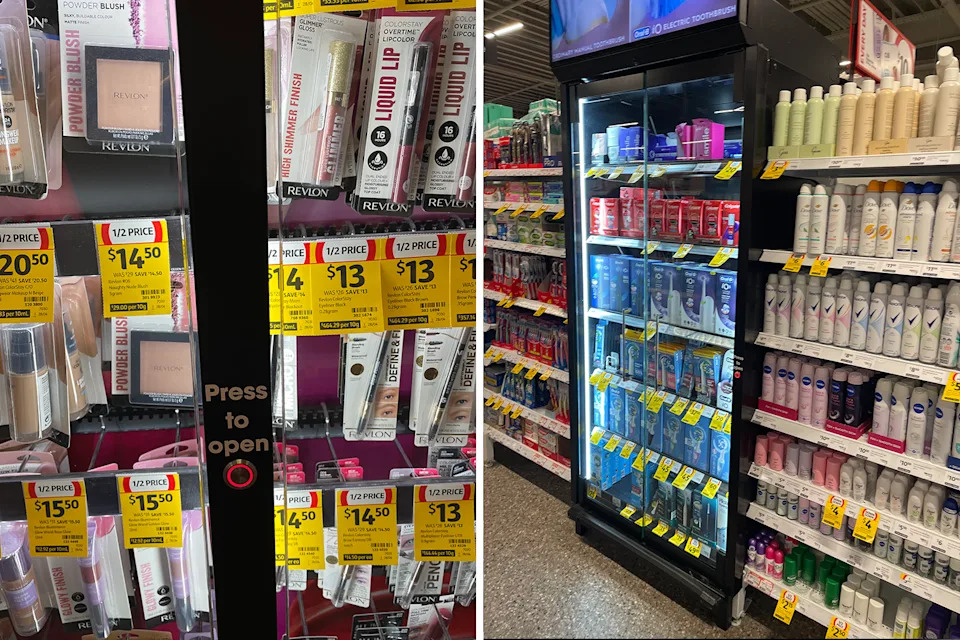Left: Locked makeup at Coles. Right: The razor cabinet at Coles.
