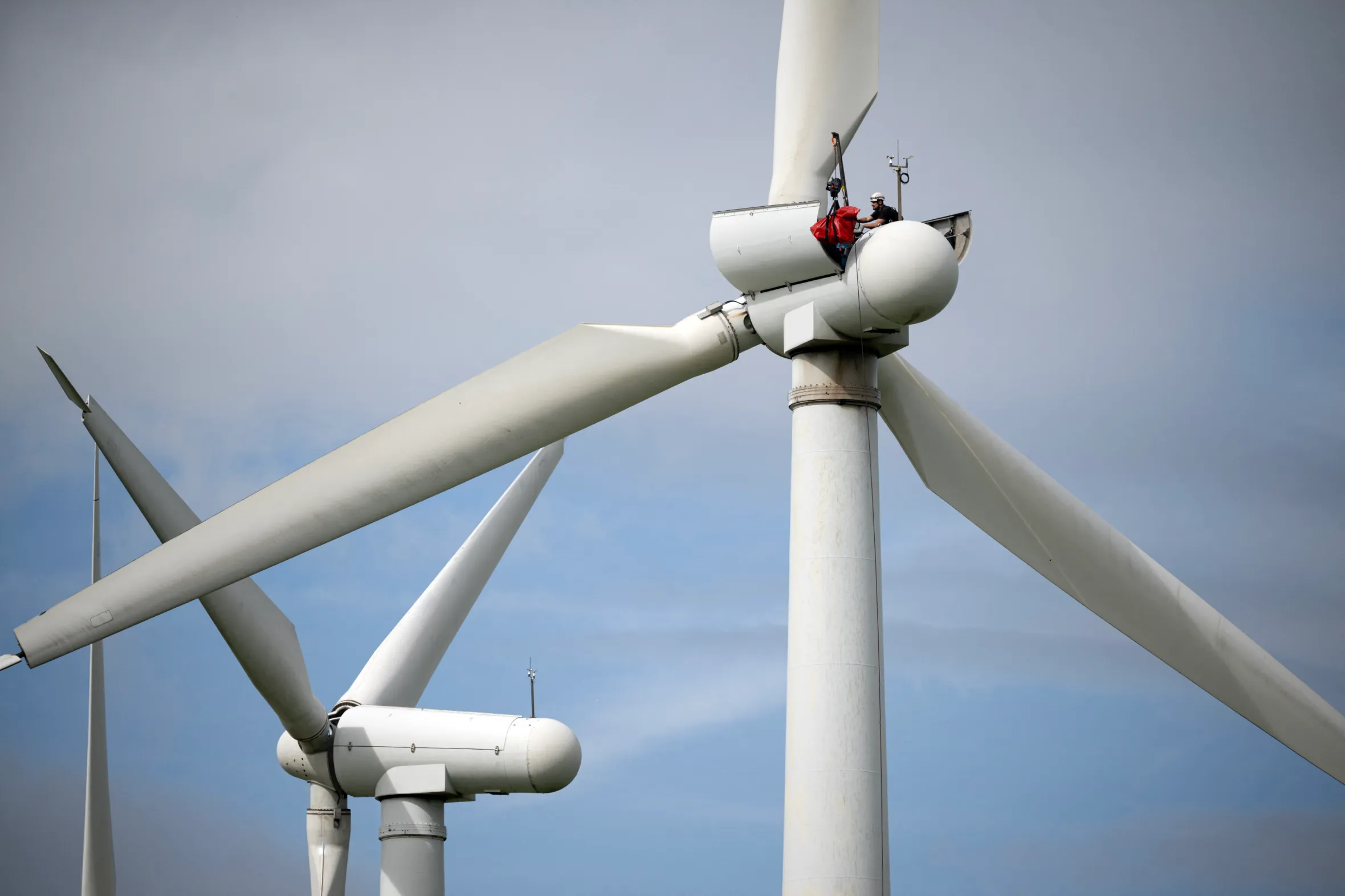 An operative working on a wind turbine at the Royd Moor onshore Wind Farm.
