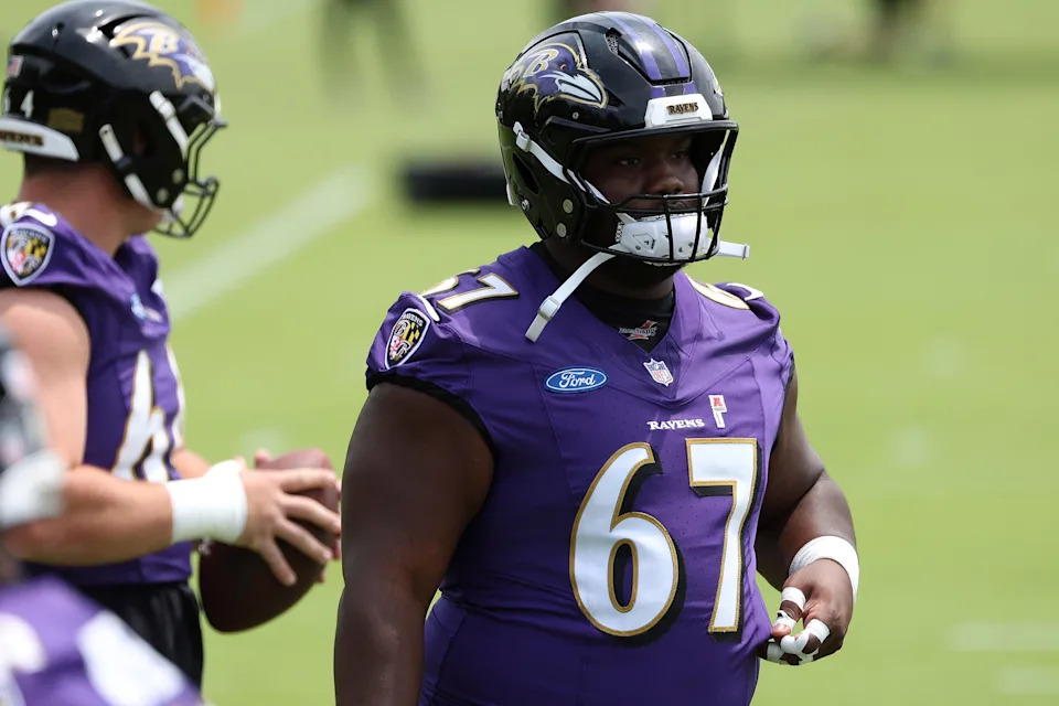 Jun 10, 2025; Baltimore, MD, USA; Baltimore Ravens offensive tackle Corey Bullock (67) looks on during an NFL OTA at Under Armour Performance Center. Mandatory Credit: Daniel Kucin Jr.-Imagn Images