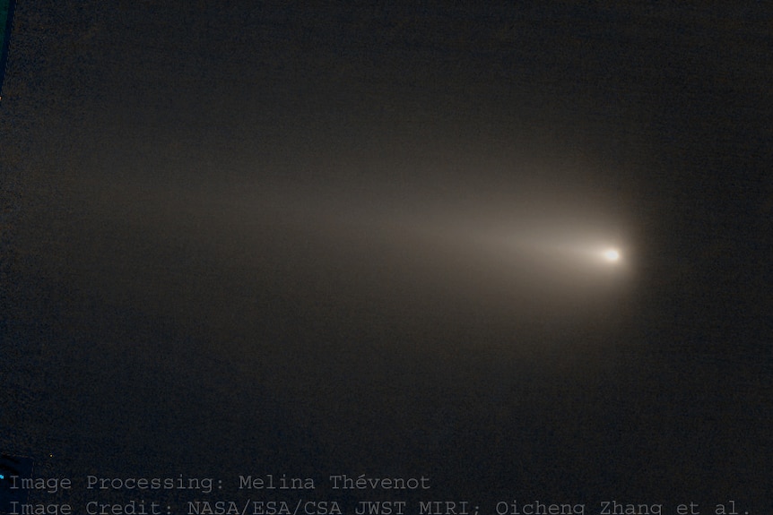 White comet with a flaring tail moving across a black background.