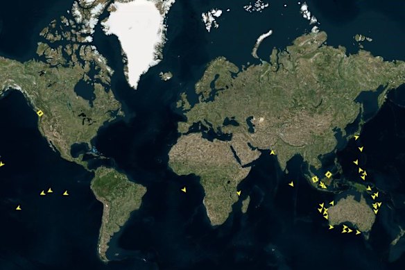 At least 55 ships carrying oil and refined fuel are headed for Australia by the end of April. Arrows are ships en route to Australia; squares are still at port.