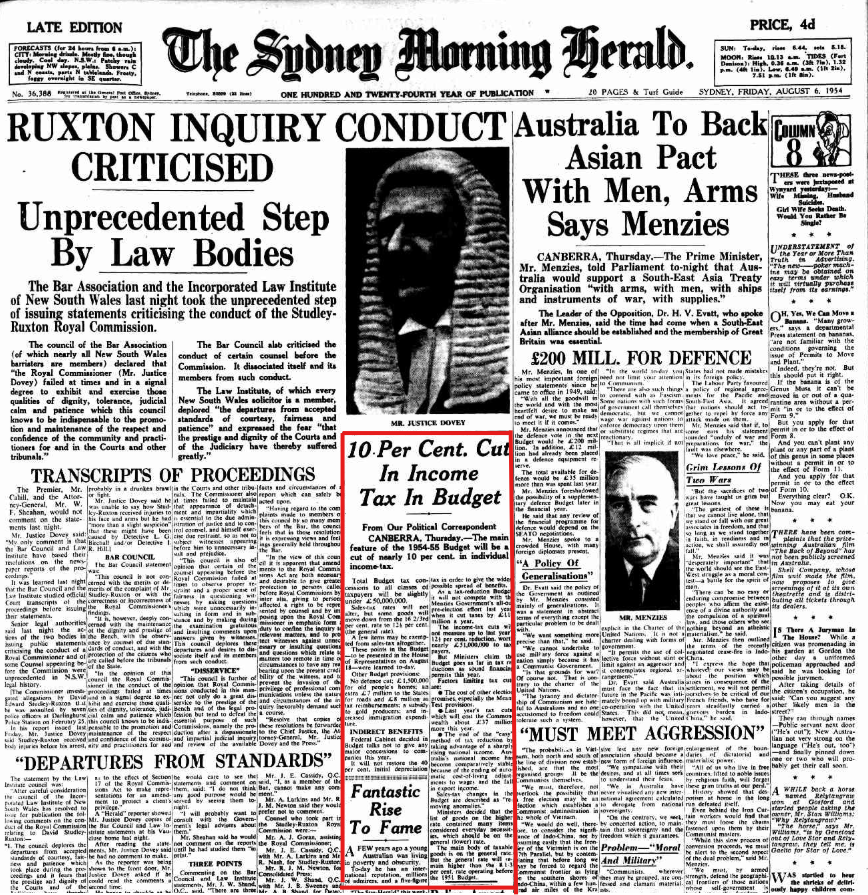 The front page of the SMH newspaper in August 1954.