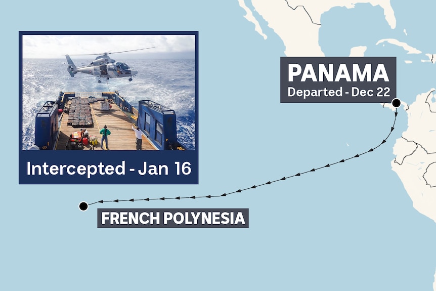 Map showing MV Raider journey leaving Panama DEC 22 and interception in french polynesia Jan 16