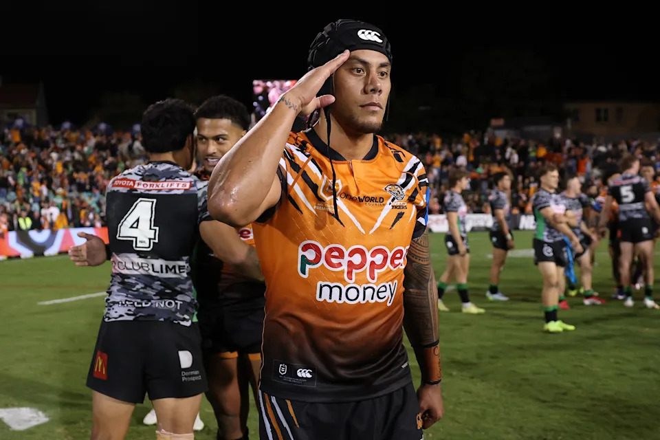 Jarome Luai celebrates after winning.
