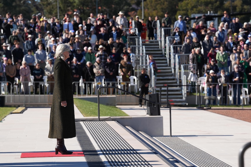 A woman with grey hair and a long coat stands at the top of stairs to watch, as a crowd stands nearby.