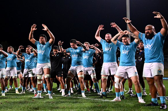 Moana Pasifika performing the Tau Moana for Abraham Pole’s 50th match in March.