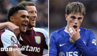 Split picture: Left, Ollie Watkins celebrates for Aston Villa and right, Chelsea's Alejandro Garnacho looks disappointed after a defeat