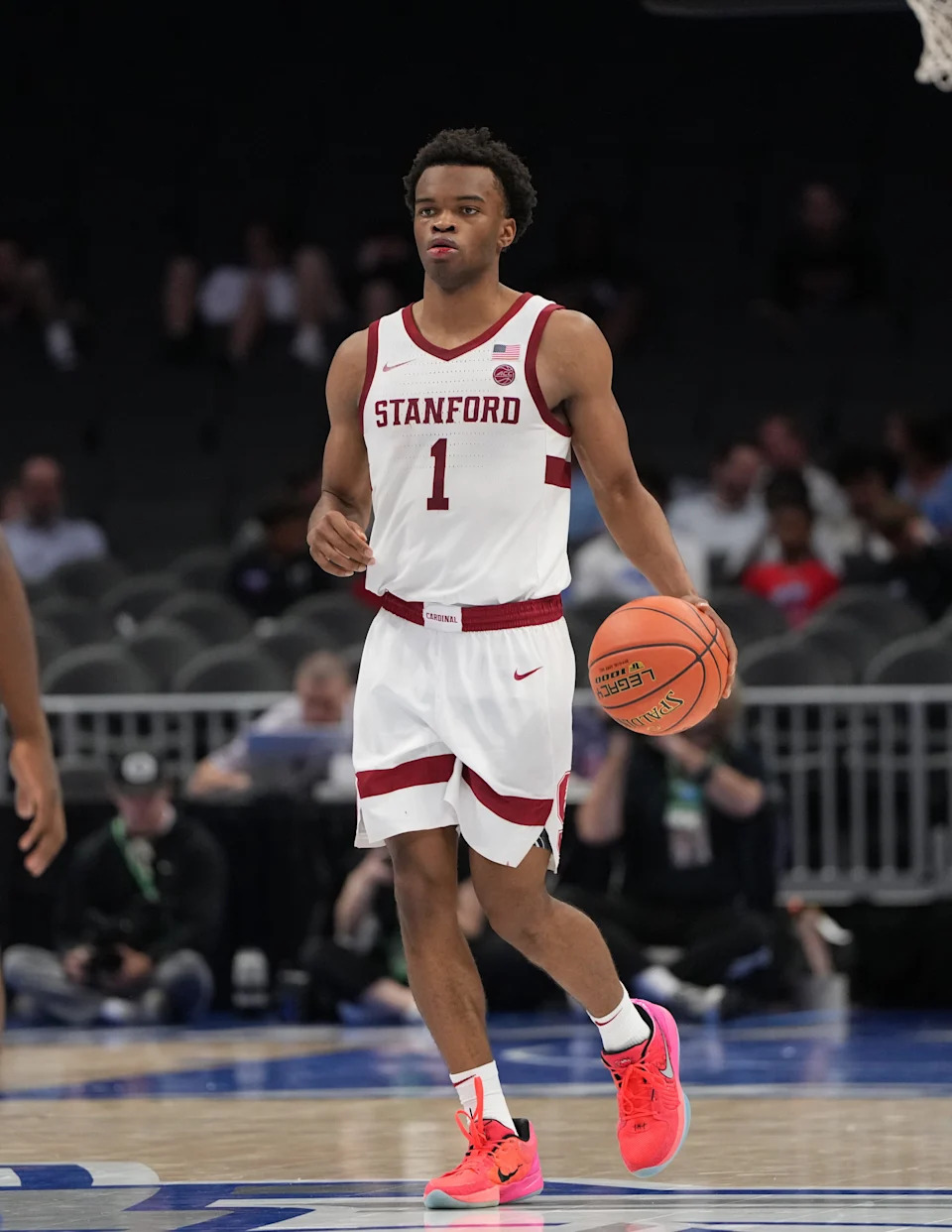 Mar 10, 2026; Charlotte, NC, USA; Stanford Cardinal guard Ebuka Okorie (1) with the ball in the second half at Spectrum Center. Mandatory Credit: Bob Donnan-Imagn Images