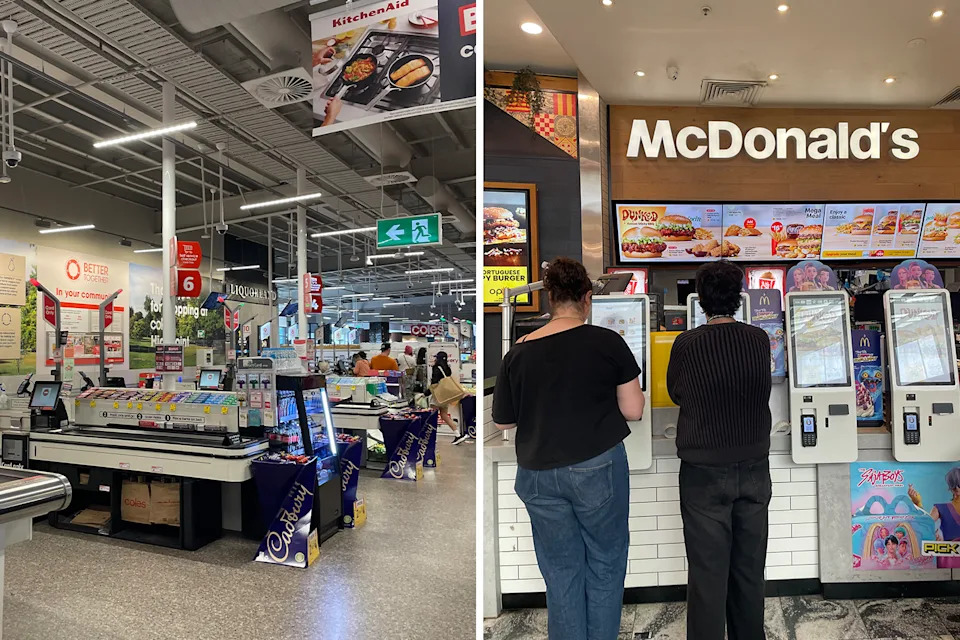Left: People at the self serve at Coles. Right: People ordering at a self serve at McDonald's.