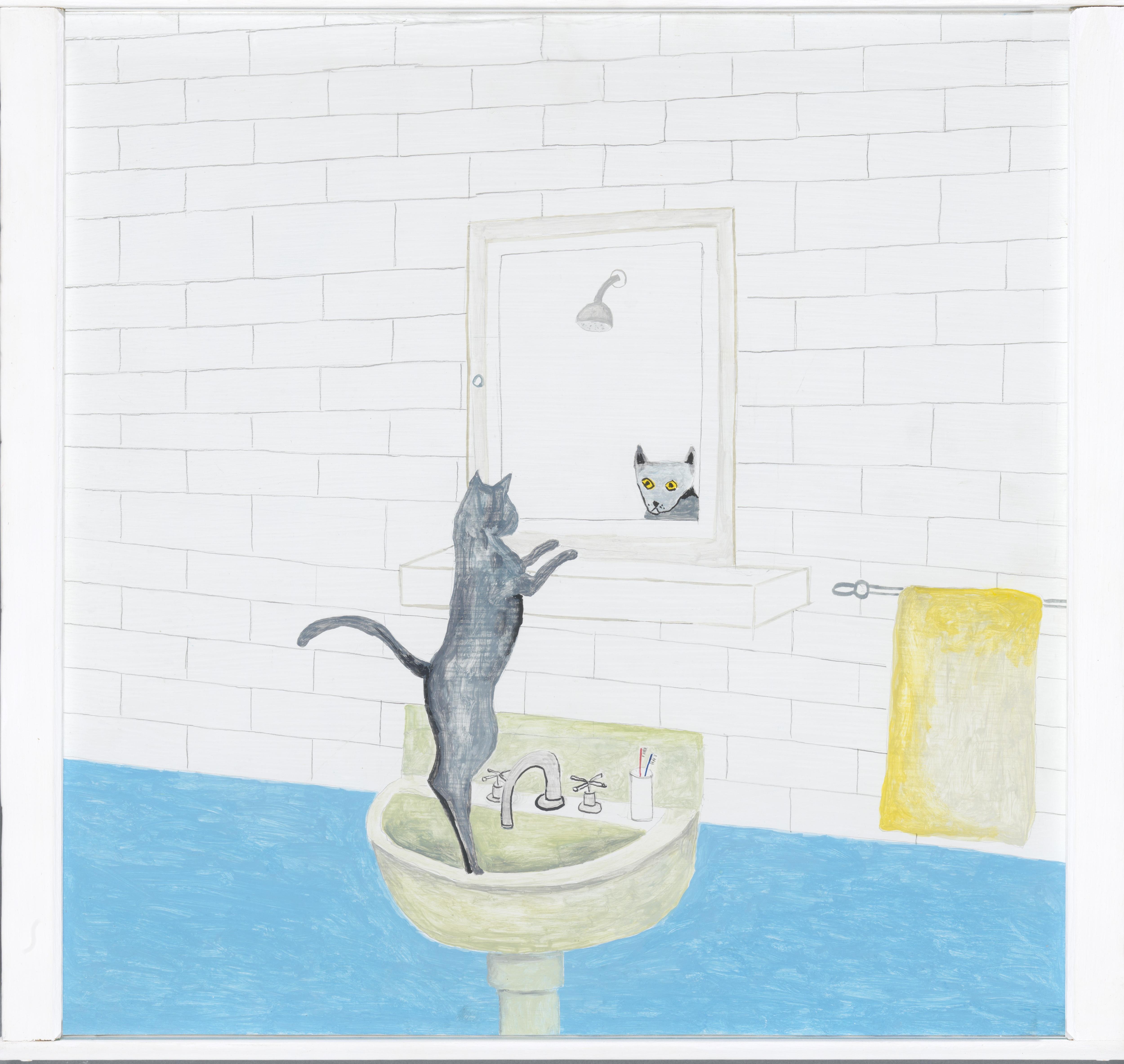 A painting of a cat looking in the mirror hung above a bathroom sink.