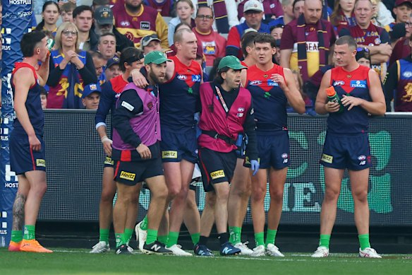 Melbourne trainers walk Harrison Petty from the MCG.