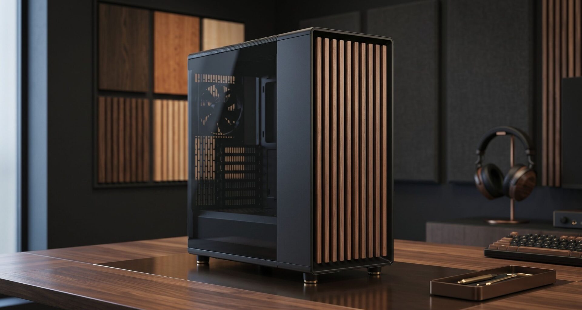 Fractal Design PC case on a table surrounded by wood textures and stylish headphones.