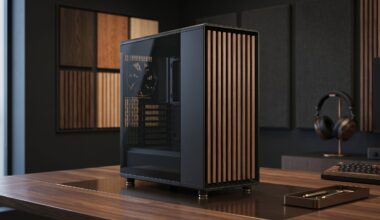 Fractal Design PC case on a table surrounded by wood textures and stylish headphones.