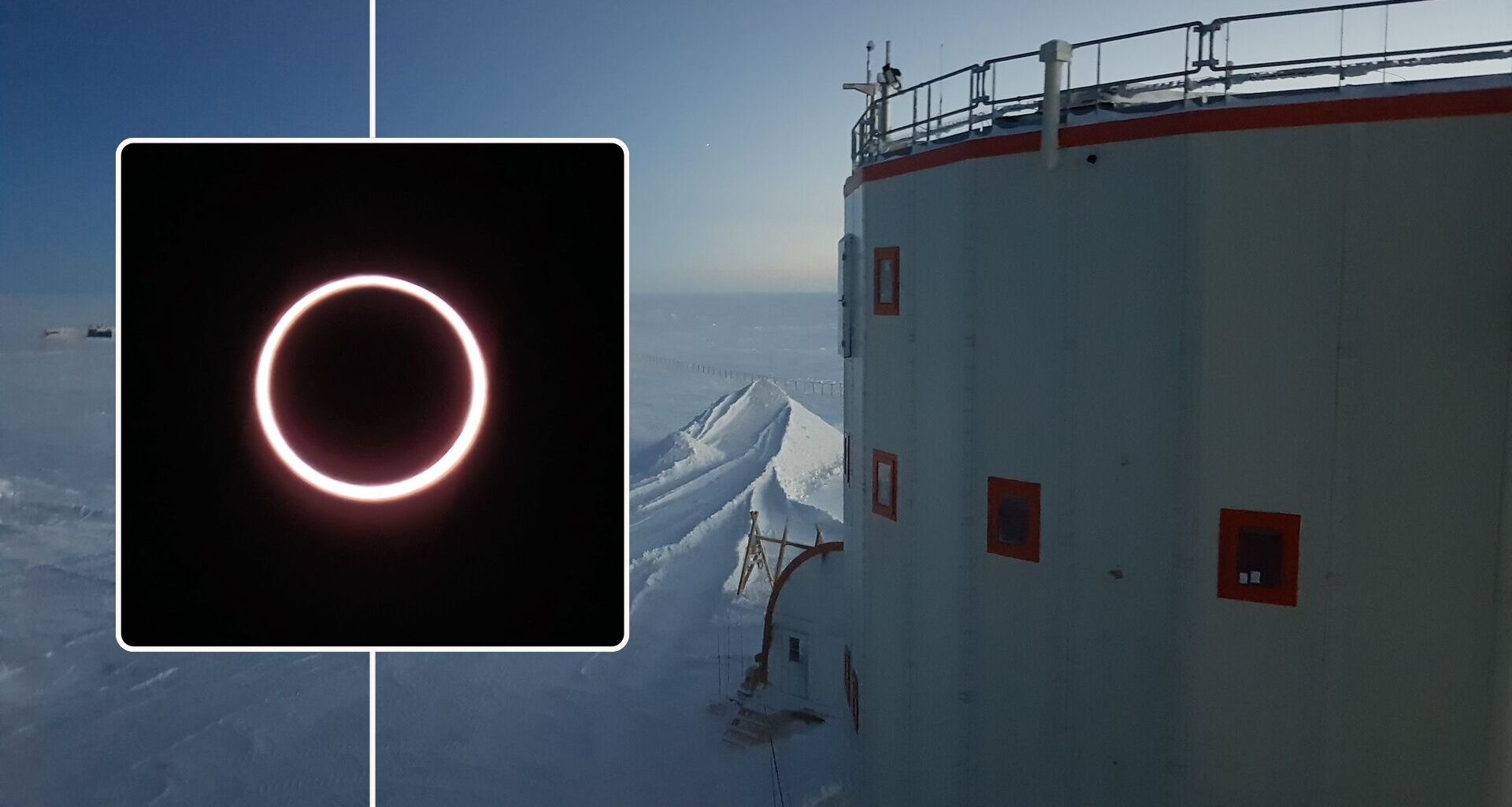 a cylinder building on the right with windows. on the left is an inset image showing a ring of fire solar eclipse.