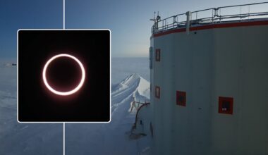 a cylinder building on the right with windows. on the left is an inset image showing a ring of fire solar eclipse.