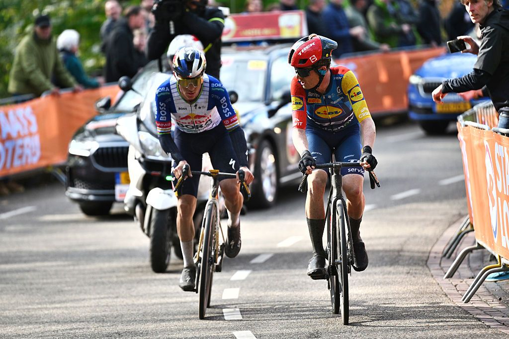 Remco Evenepoel and Mattias Skjelmose ride side by side in the final of the Amstel Gold Race 2026