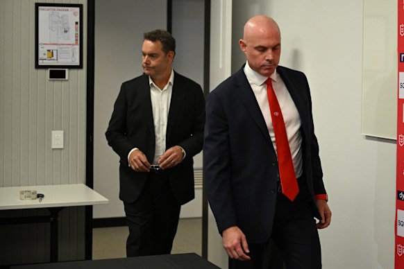 Dragons chairman Andrew Lancaster (left) and chief executive Tim Watsford announce the departure of Shane Flanagan on Monday.