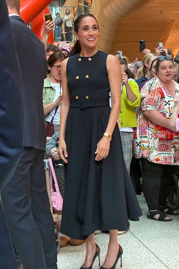 Meghan wearing the Priscilla dress by Sydney designer Karen Gee at the Royal Children’s Hospital, Melbourne.