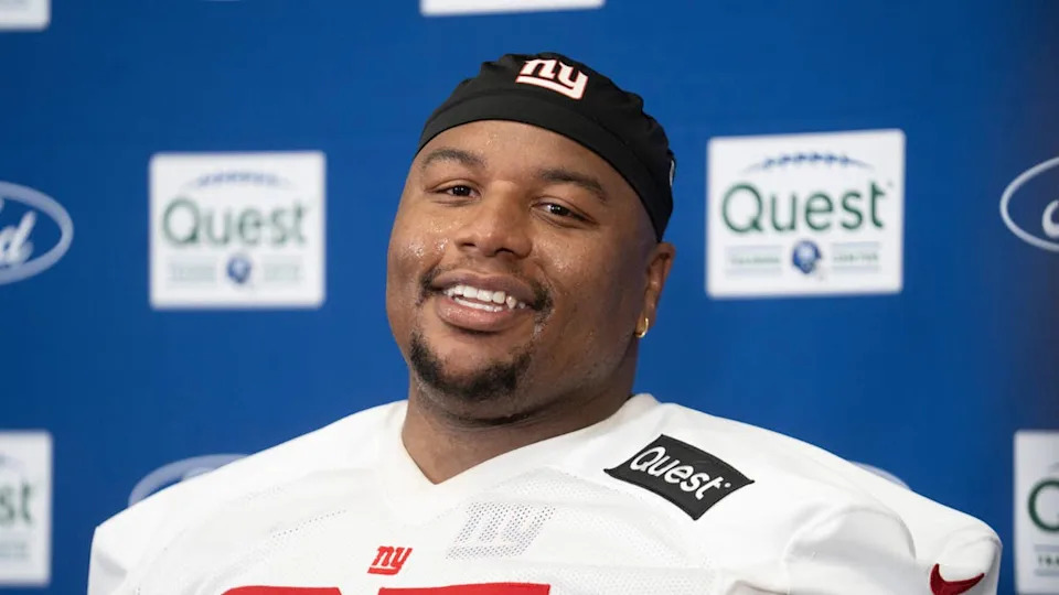 New York Giants defensive tackle Dexter Lawrence II (97) speaks at a press conference during day one of the New York Giants training camp at Quest Diagnostics Giants Training Center in East Rutherford on Wednesday, July 23, 2025.© Julian Leshay Guadalupe&sol;NorthJersey&period;com &sol; USA TODAY NETWORK via Imagn Images&period;